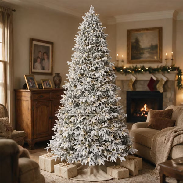 VIVATREES 9ft Pre-lit Christmas Tree Snow-Flocked Premium Artificial Hinged Branch Tips Dual-Color 10 Lighting Modes Foldable Base for Holiday