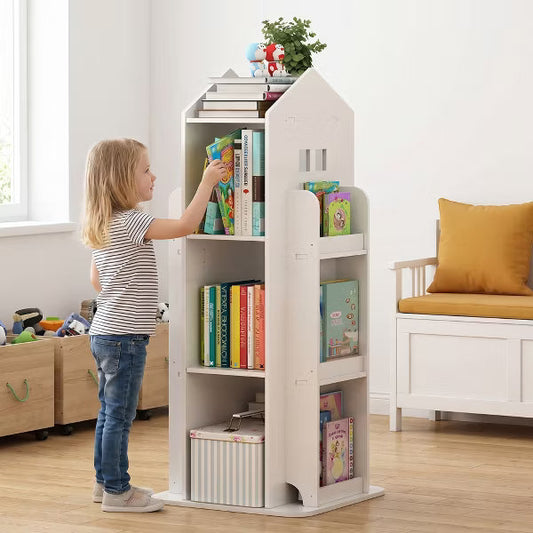 Kids 4-Tier Rotating Bookshelf, 360° Swivel Floor Bookcase & Toy Storage Organizer, Unpainted Nursery Furniture - Cloud White
