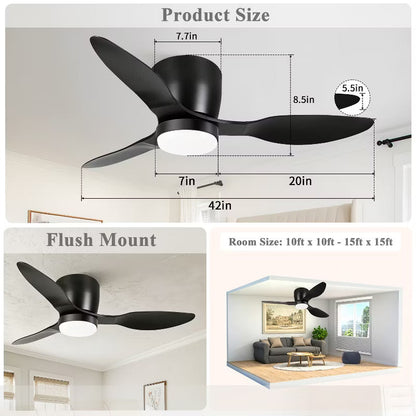 Wanze of Ocean 42 In. Indoor 3 ABS Blade Ceiling Fan with Dimmable LED Light, Reversible DC Motor, App Control For Bedroom Living Room and kitchen