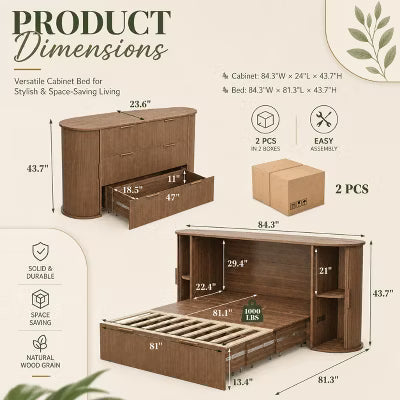 AMERLIFE Queen Murphy Bed Cabinet with Storage Drawer & Sliding Tambour Door, Engineered Wood, Brown