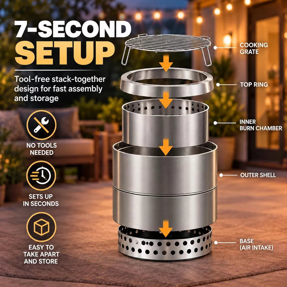 LAUSAINT HOME 19.7" Smokeless Fire Pit, Stainless Steel Fireplace
