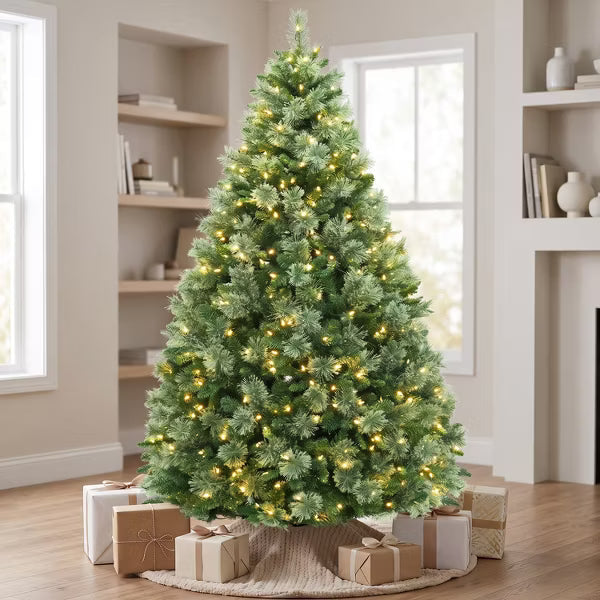 VIVATREES 7.5ft Artificial Christmas Tree Prelit with Warm White LED Lights Pine Needles Hinged Branches Metal Stand Green Xmas Tree for Decor
