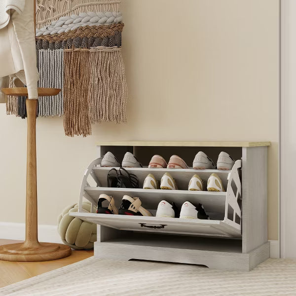 Shoe Storage Bench with Flip Drawer, Adjustable Shelf, Entryway Bench for Dorm Room, Bedroom & Hallway, Small Space Shoe Organization
