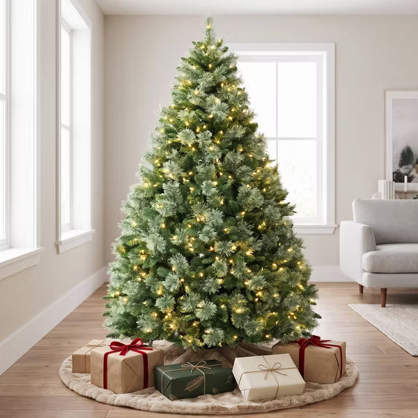 VIVATREES 6ft Artificial Christmas Tree Prelit with Warm White LED Lights Pine Needles Hinged Branches Metal Stand Green Xmas Tree for Decor