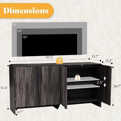 AMERIFE 63" Fluted TV Stand Media Console with Storage, Adjustable Shelves, Engineered Wood, Black