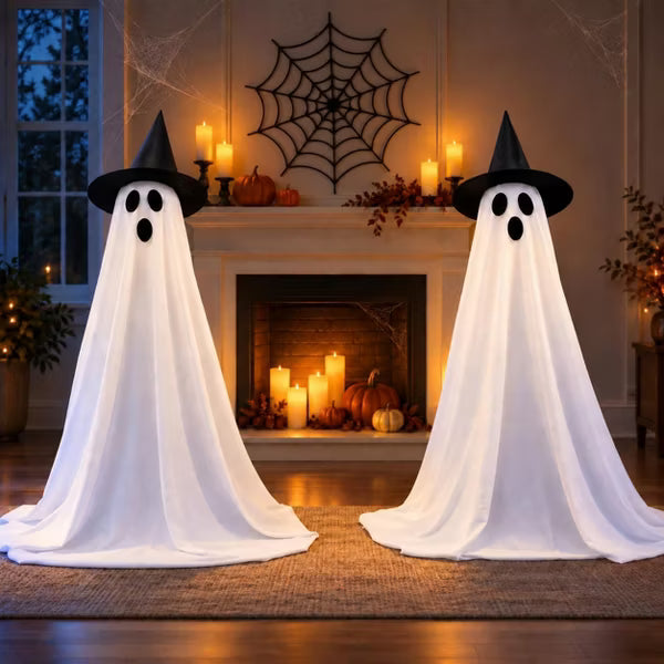 LauKingdom 60" White 2-Pack Lighted Halloween Ghost Decorations with Remote and 6-Hour Timer for Porch, Yard and Indoor Parties
