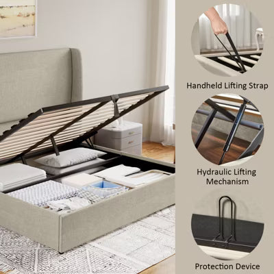AMERLIFE Queen Lift-Up Storage Platform Bed with Wingback Headboard, Linen Upholstery, Brown