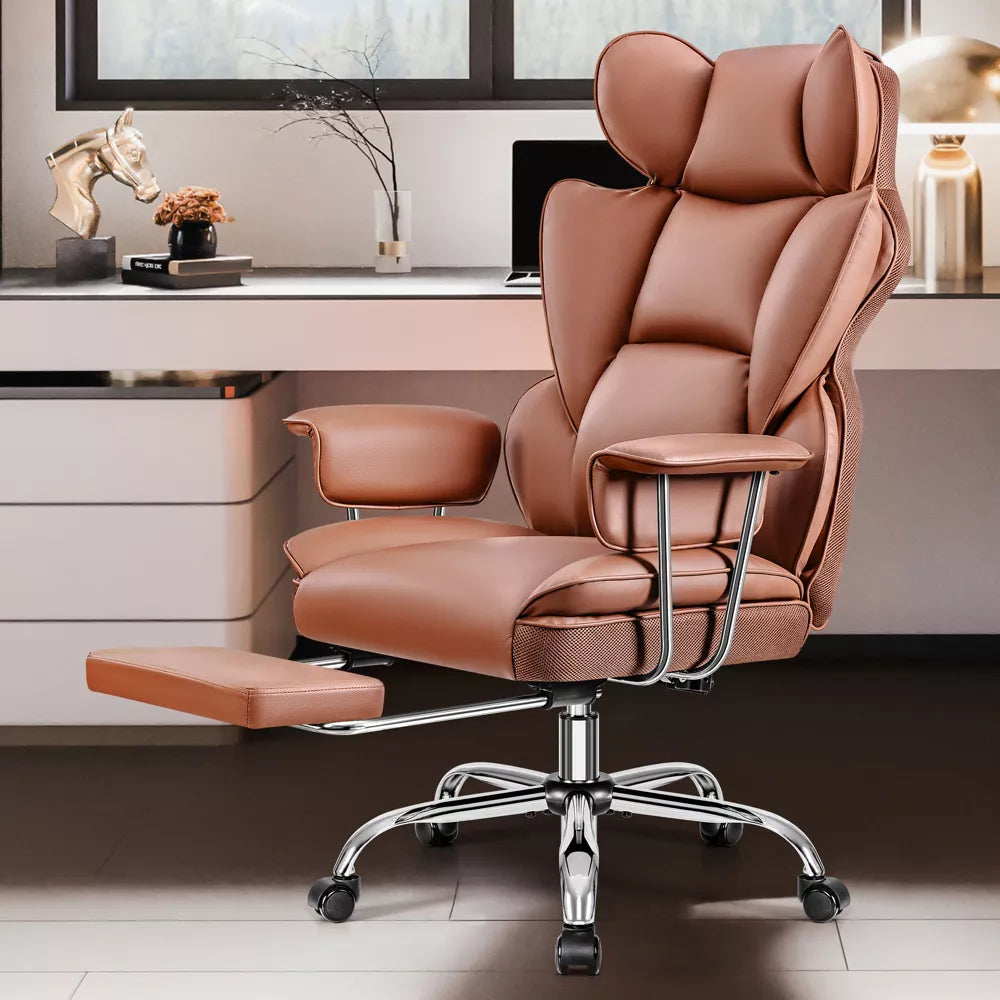 KERDOM Executive Office Chair，Big and Tall Leather Office Chair with Footrest, Wide Seat Executive Desk Chair with Lumbar Support, Brown