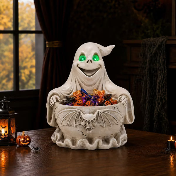 Halloween Ghost Figurine, Spooky Resin Statue with Green Glow Eyes, Creepy Gothic Tabletop Decor for Haunted House Party
