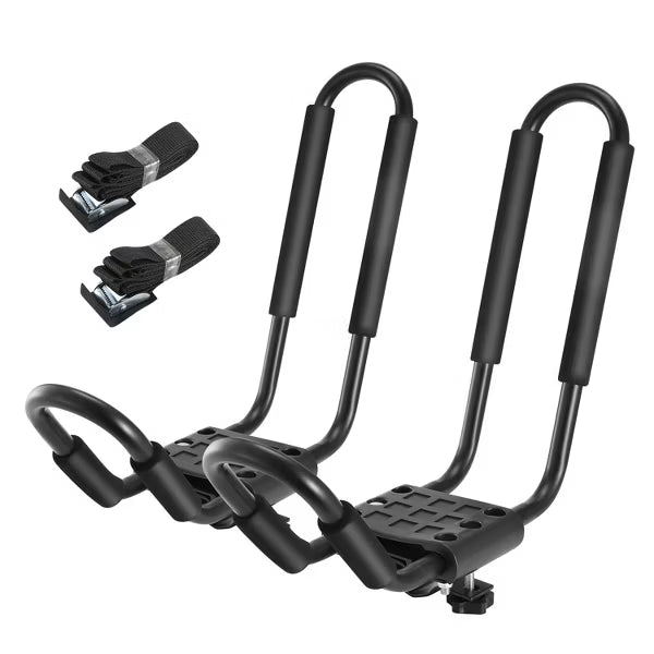 1 Pair Universal J-Bar Kayak Carrier 220LBS Load Heavy Duty Canoe Car Top Mount Carrier Roof Rack w/ 2Pcs Tie Down Straps