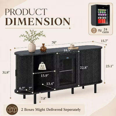 AMERLIFE 70" Coffee Bar Cabinet with Beverage Fridge, Wood Sideboard with Sliding Doors, Black