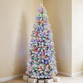 VIVATREES 6ft Prelit Artificial Christmas Tree Slim Snow-Flocked with Dual Color Featuring 10 Lighting Modes Metal Stand Hinged Holiday Pine