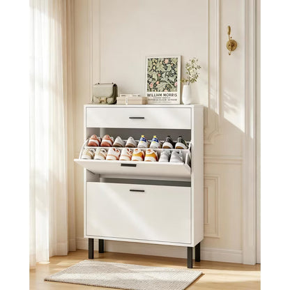 Narrow Wooden Entryway Shoe Cabinet, Freestanding 3-Drawer Shoe Organizer with Adjustable 3-Tier Shelves, Space Saving Shoe Storage for Hallway Porch
