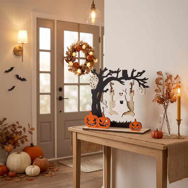 Halloween Ghost Pumpkin Wooden Table Decor Cute Ghost Pumpkin Centerpiece for Home Dining Table Office Shelf Party Decoration