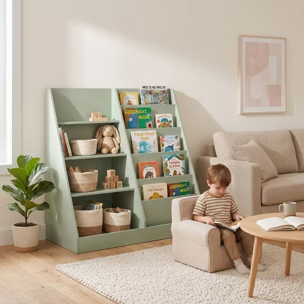 Kids Bookshelf and Toy Storage Organizer 4 Tier Wooden Bookcase Display Shelf for Playroom Bedroom Nursery Living Room