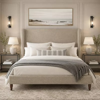 AMERLIFE Full Upholstered Platform Bed with Tall Wingback Headboard, Linen Fabric, Brown