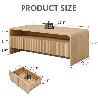 AMERLIFE Fluted Coffee Table with 2 Drawers, Open Storage Shelf, Engineered Wood, Natural Oak