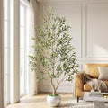 Romswi 6FT Artificial Olive Tree with White Round Planter, Faux Olive Trees with Natural Wood Trunk and Realistic Leaves Fruits, Indoor Decor Home
