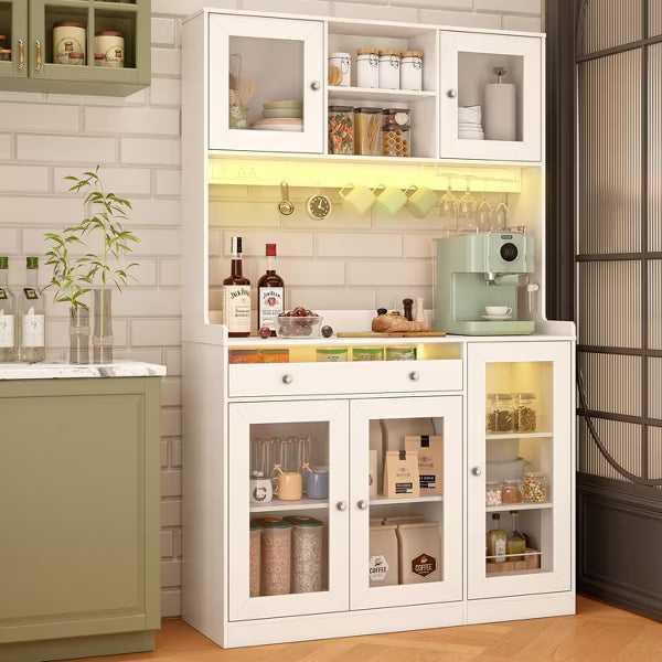 Qwatto 71" Kitchen Pantry Cabinet with Charging Station and LED Lights Tall Freestanding Kitchen Hutch with storage Rack Microwave Stand White Cabinet