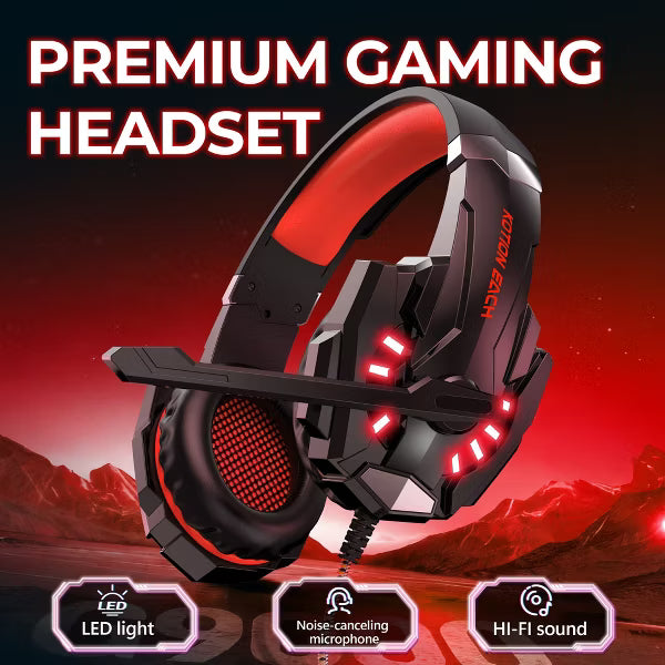 Gaming Headset with Microphone, Compatible with PS4 PS5 Xbox One PC Laptop, Over-Ear Headphones with LED Light, Noise Cancelng Mic Red