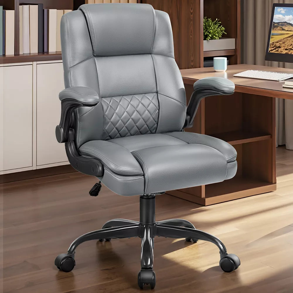 KERDOM High Back PU Leather Executive Office Chair, Flip Up Armrest Reclining Desk Chair with Rocking & Height Adjustable for Home Office,Gray