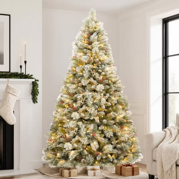 VIVATREES 6ft Prelit Snow Flocked Christmas Tree Artificial Hinged Branches Warm White LEDs Lights Metal Stand for Decor