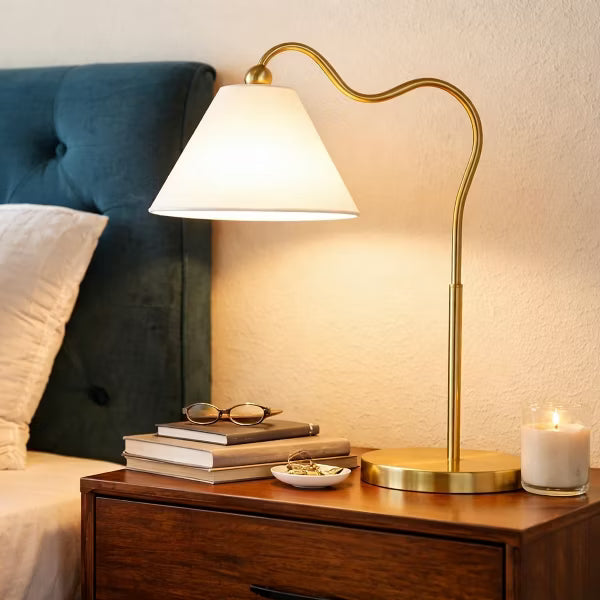 Brass Table Lamp for Bedroom&Living room with Fabric Shade, Curved Metal Base Bedside Lamp for Nightstand, Dorm&Apartment Essentials