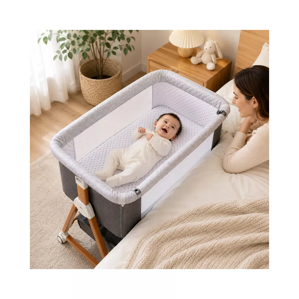 Kmaier Baby Bassinet Foldable Portable Bedside Crib,Storage Basket Breathable Mesh,Grey