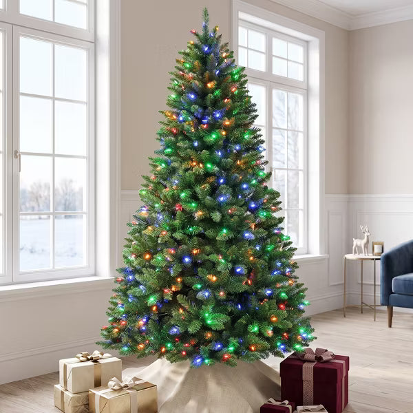 VIVATREES 7.5 Ft Prelit Christmas Tree Artificial Christmas Tree with Color Changing LED Lights Hinged Branches Multiple Color Modes