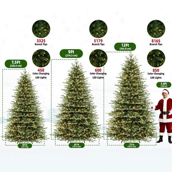 VIVATREES 12ft Prelit Artificial Christmas Tree with Warm White LED Lights Hinged Branches Metal Stand for Decor Holiday