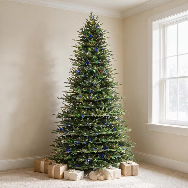 VIVATREES 12ft Prelit Artificial Christmas Tree With Dual Color 10 LED Lights Modes Metal Stand Hinged Branches Realistic Pine for Holiday