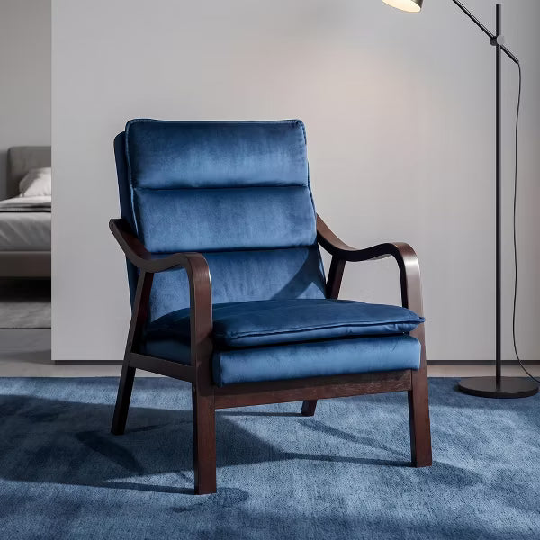 Mid-Century Modern Accent Chair with Solid Wood Frame, High Back Upholstered Reading Armchair, Padded Lounge Chair for Living Room Bedroom