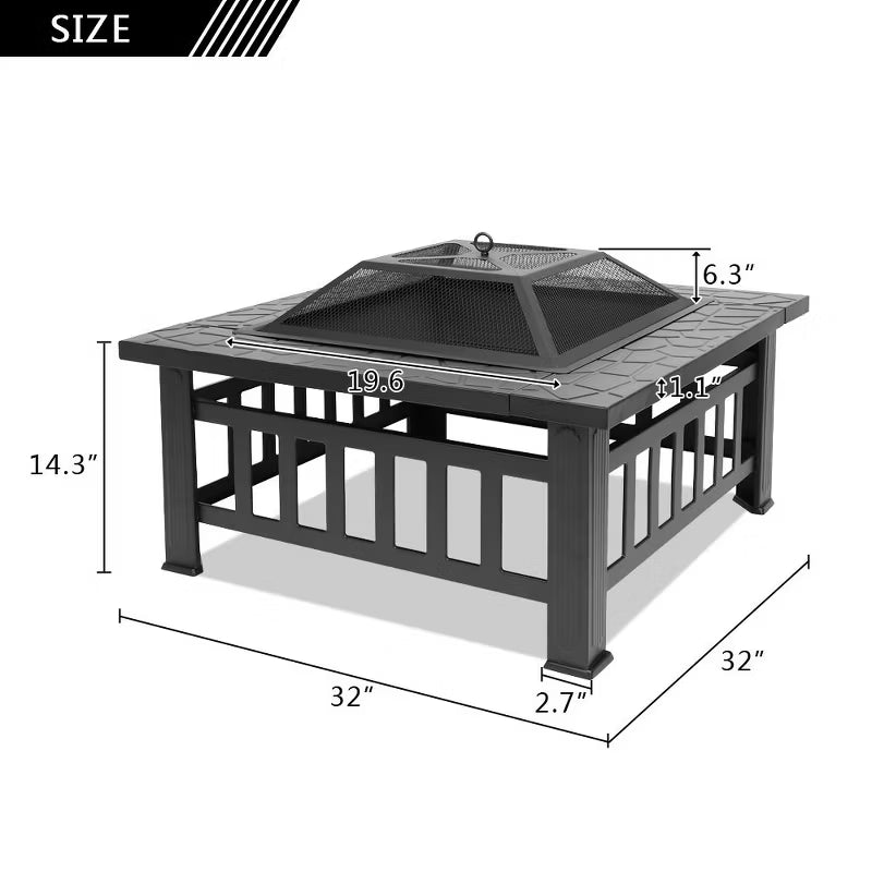 Karl Home 32" Square Wood Burning Fire Pit – Heavy Duty Iron, Black, Outdoor Patio Backyard Bonfire