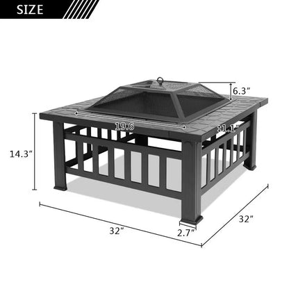Karl Home 32" Square Wood Burning Fire Pit – Heavy Duty Iron, Black, Outdoor Patio Backyard Bonfire