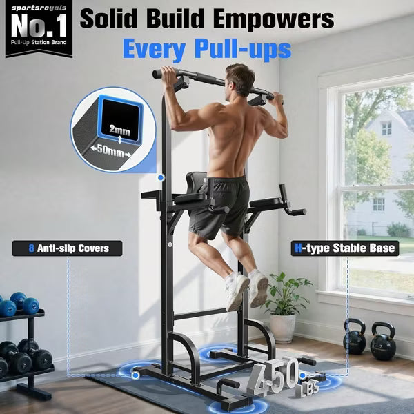 FED FITNESS Adjustable Power Tower 450lbs Max Weight Dip Station Pull up Bar Power Rack Push up Resistance Band for Home Gym