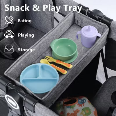 Kinder King All-Terrain Stroller Wagon for 2 Kids with Canopy, Shock-Absorbing Wheels, Storage Bag, Snack Tray & Adjustable Leather Handle, Black&Grey