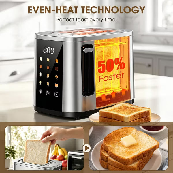 Teendow Digital Touchscreen 2-Slice Toaster with Bagel, Defrost & Reheat Functions, 6 Shade Settings, Stainless Steel, Removable Crumb Tray, 800W