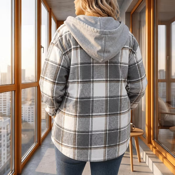 Plaid Hooded Jackets for Women, Fleece Lined Winter Coat with Drawstring, Single Breasted Casual Outerwear, S-XXL