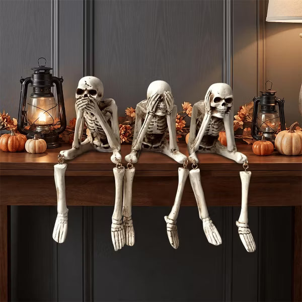 Set of 3 Halloween Skeleton Shelf Sitter Figurines, Resin See No Evil Hear No Evil Speak No Evil Statues, Gothic Indoor Tabletop Mantel Decor