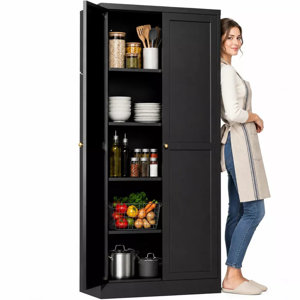VIYET 61" Black Metal Pantry Cabinet, 4 Adjustable Shelves, Freestanding Kitchen Storage Cabinet, Slim Food Organizer for Kitchen, Dining Room