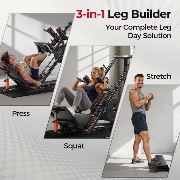 FEIERDUN 3‑in‑1 Leg Press Hack Squat Machine with Stretch Board for Quads, Hamstring, Glutes, Calves, Home Gym Leg Day Equipment