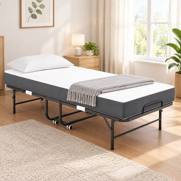 VIYET 75" Extra Long Folding Bed with 3.9" Memory Foam Mattress, 450 Lbs Capacity, Rollaway Guest Bed with Wheels, Twin Size, Black