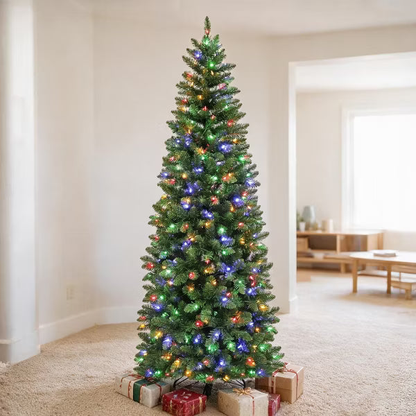 VIVATREES 7.5ft Prelit Christmas Tree Artificial Slim Pine Dual Color 10 Funtion Changing LED Lights Metal Stand Hinged Branches for Holiday