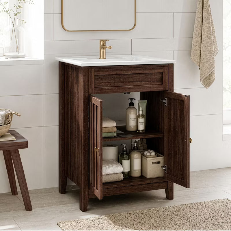 24'' Walnut Vanity Cabinet With Ceramic Sink With 1-Door