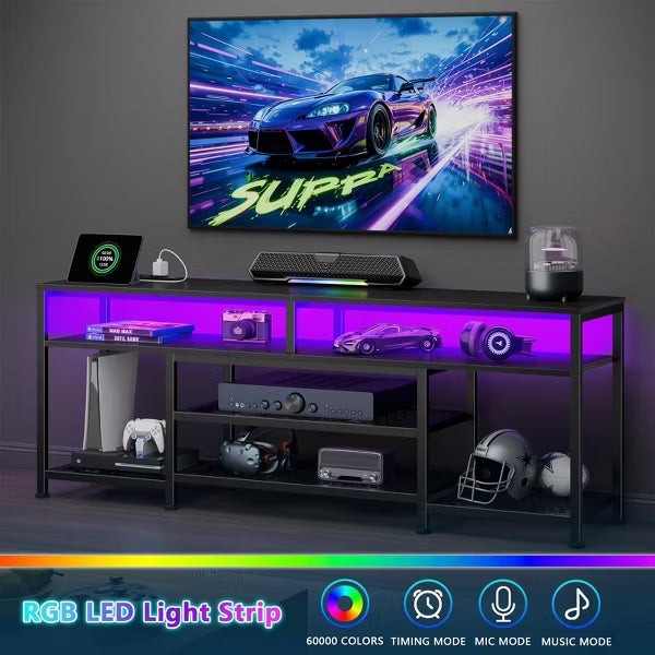 Qwatto 63 Inch Black TV Stand with Charging Station LED Lights Entertainment Center for TVs up to 70 Inch Media Console Storage Shelves Living Room