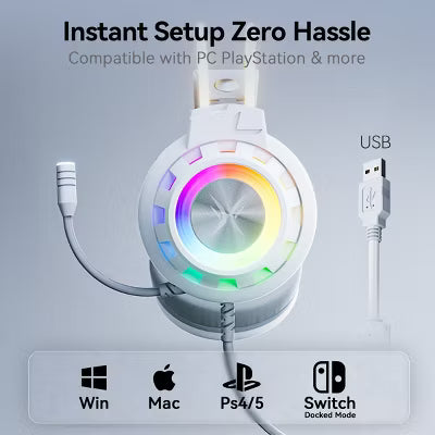 Pro USB Gaming Headset for PC, Computer Headphones with Noise-Cancelling Mic, 7.1 Surround Sound, RGB Light - Wired for PS4/PS5/Laptop