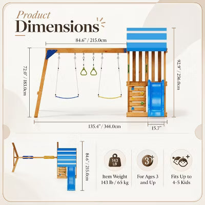 AMERLIFE Wooden Outdoor Swing Set with Wave Slide, Climbing Wall and Play Deck