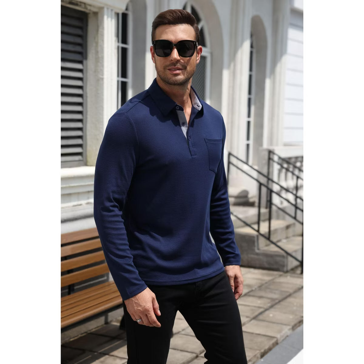 COOFANDY Men's Textured Long Sleeve Polo Shirt Soft Knit Collared Pullover for Smart Casual Wear-Black-S
