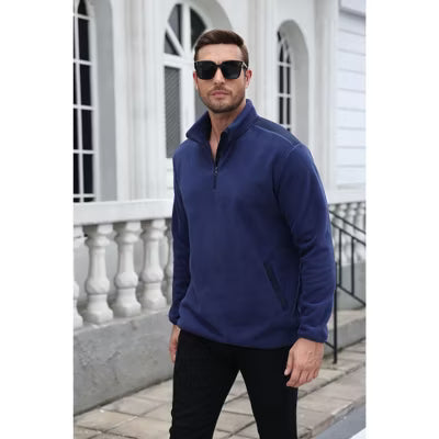 COOFANDY Men's Quarter-Zip Fleece Pullover with Stand Collar-Black-S