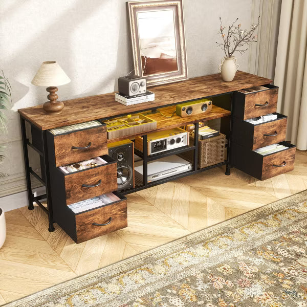 Qwatto 63 Inch Brown TV Stand Dresser with Charging Station LED Lights 6 Fabric Drawers Entertainment Center for TVs up to 70 Inch Bedroom Storage